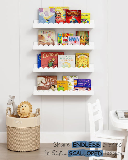 Set 4, Harwaya Scalloped Nursery Floating Shelves for Wall of White Kids Book Shelves Wall Mounted, Cloud Hanging