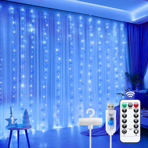 Minetom 300 LED Dimmable Curtain Lights, USB Powered Fairy Lights with Remote and Timer, 8 Modes for Indoor Decor