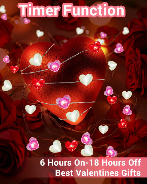 16.4FT 50 8 btfarm LED Valentine's Day Lights with Remote Timer, Red Pink White Heart Shaped Fairy String Lights