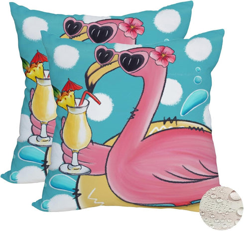 2 Pack Waterproof Summer Flamingo Throw Pillow Covers, 18x18 Inch Tropical Beach Pink Birds Cushion Cover