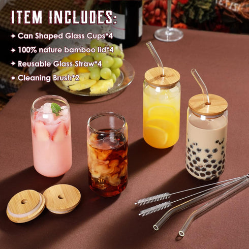 Drinking Glasses with Bamboo Lids and Glass Straw 4pcs Set - 16oz Can Shaped Cups, Beer Glasses, Iced Coffee Cute Tumbler Cup, Ideal for Cocktail, Whiskey, Gift 2 Cleaning Brushes by NETANY