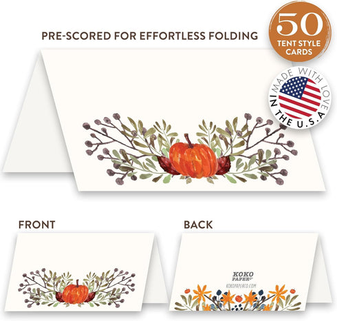 Koko Paper Co Thanksgiving Table Place Cards with Pumpkin and Fall Leaves, 50 Tent Style Dinner Setting Name Cards