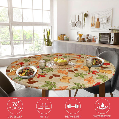 Covers For The Home Deluxe Elastic Edged Flannel Backed Vinyl Fitted Table Cover - All-Over Leaves Pattern, Fits Tables