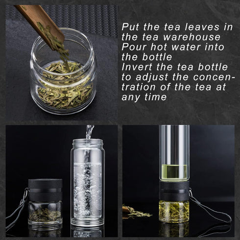 PARACITY Glass Tea Infuser Bottle, Double Wall Borosilicate Travel Tumbler Mug for Loose Leaf Herbal Tea, 13 OZ