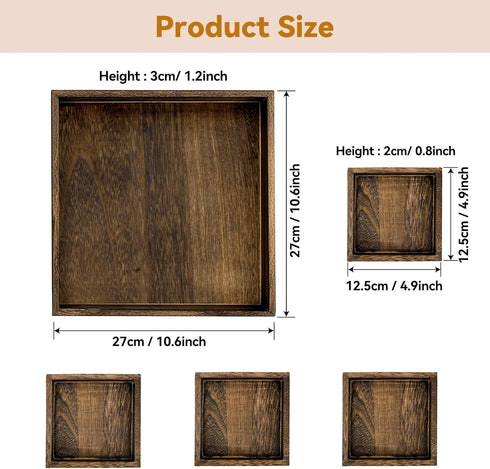 5-Piece Set, Rustic Wooden Serving Tray Handcrafted Nesting Trays with Handles for Ottoman & Coffee Table Decor