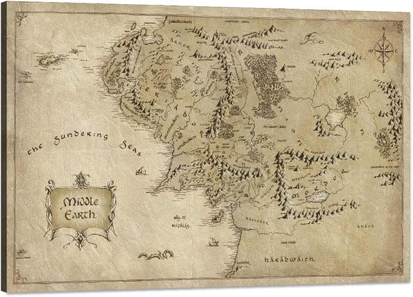 Vinatge Wall Art Picture Canvas Painting Map of Middle Earth by Yatsen Bridge, HD Print, 12" Hx16" W