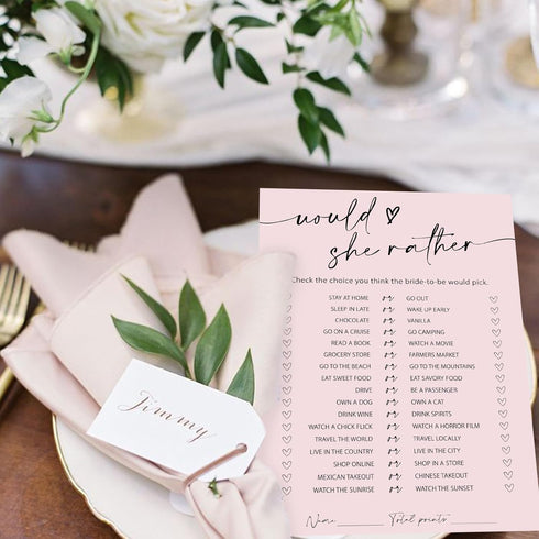 50 Whaline Sheets Blush Pink Bridal Shower Game Cards Pink Double Sided Party Game Activity Cards for Would She Rather