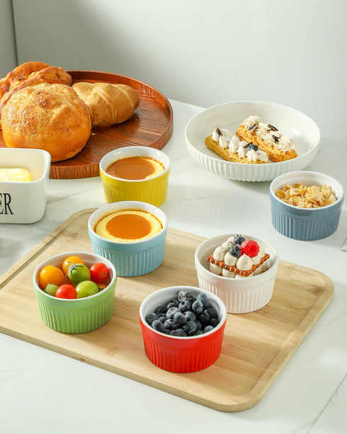 8 oz Set 6 Hasense Ramekins Oven Safe for Creme Brulee, Ceramic Souffle Dish with Ribbed Pattern for Baking, Porcelain