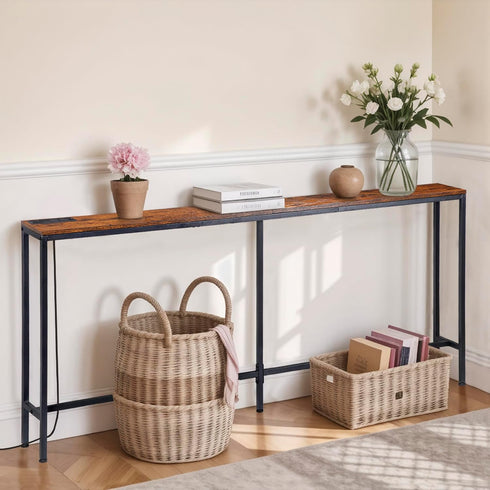 70.8" Console Table with Power Outlet, Wood Narrow Sofa Platform with Charging Station, Entryway Hallway Behind Couch