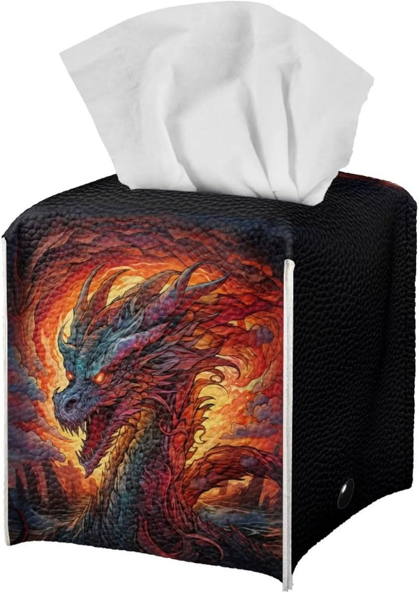 Fire Dragon Tissue Holder Square Cover for Home, Office, and Car, Waterproof Tissue Box Dispenser