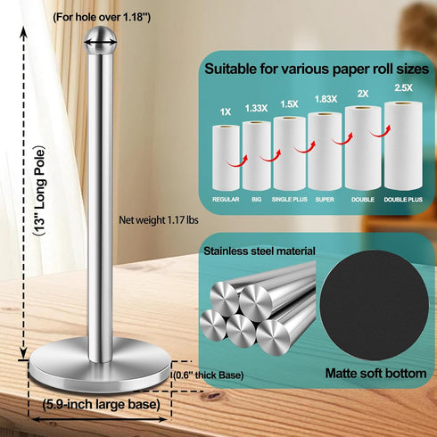 DAWNER Freestanding Paper Towel Holder Countertop, Stainless Steel Dispenser with Weighted Base for Standard Rolls