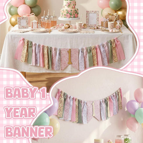 VitalCozy 1st Pastel One High Chair Banner for Girls boys First Birthday High Chair Banner Sweet One Bow Floral Garland
