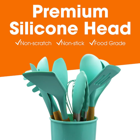 Cheer Collection 12 Piece Silicone Spatula Set with Wooden Handles - Non-Stick Silicone Utensils for Cooking, Aqua by Cheer Collection
