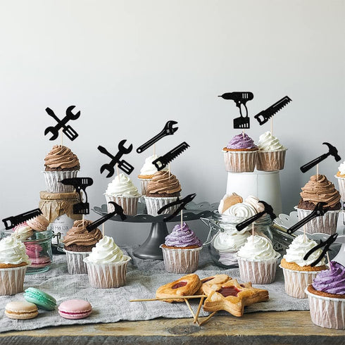 24PCS Tools Cupcake Topper, Construction Tools Cake Decorating for Boys & Men Birthday Party