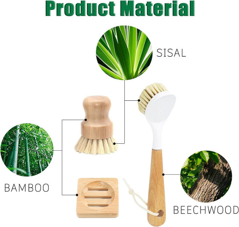JouiiSiYa Set, Bamboo Vegetable Brush Natural Bristle Dish Brush with Holder, Eco Friendly Soft Dish Scrubber Kitchen