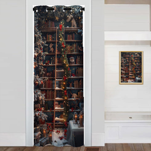 WUMINMIN Christmas Bookshelf Door Curtain for Doorway, Fantasy Library Books Room Darkening Curtain