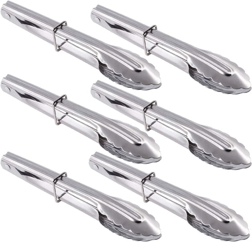 Mini Stainless Steel Food Tongs with Sliding Rings 7-Inch, Set of 6 Small Clam Shell Service Tongs for Appetizers,