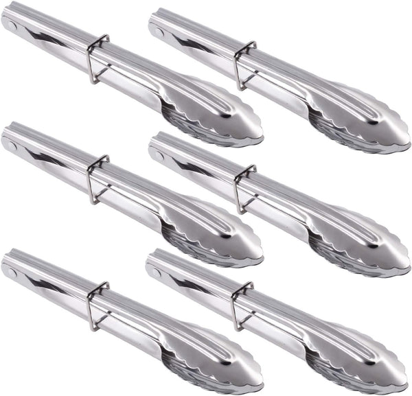 Mini Stainless Steel Food Tongs with Sliding Rings 7-Inch, Set of 6 Small Clam Shell Service Tongs for Appetizers,