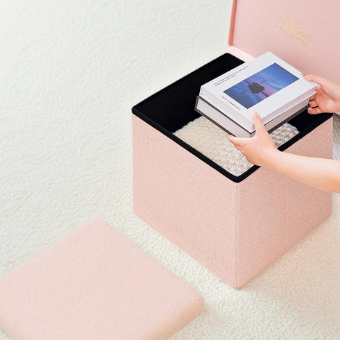 15in Small Storage Ottoman Foldable Sherpa Top Storage Bench,Foot Rest/Step Stool for Bedroom Dorm Entryway, Space