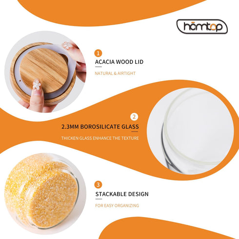 Glass Storage Containers Set, High Borosilicate Glass Jars with Wooden Lids for Kitchen Food Canisters, Coffee Beans,