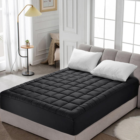 HYLEORY Quilted Queen Mattress Pad, Fitted Mattress Protector, Cooling Pillow Top Cover, Black, 8-21" Deep Pocket