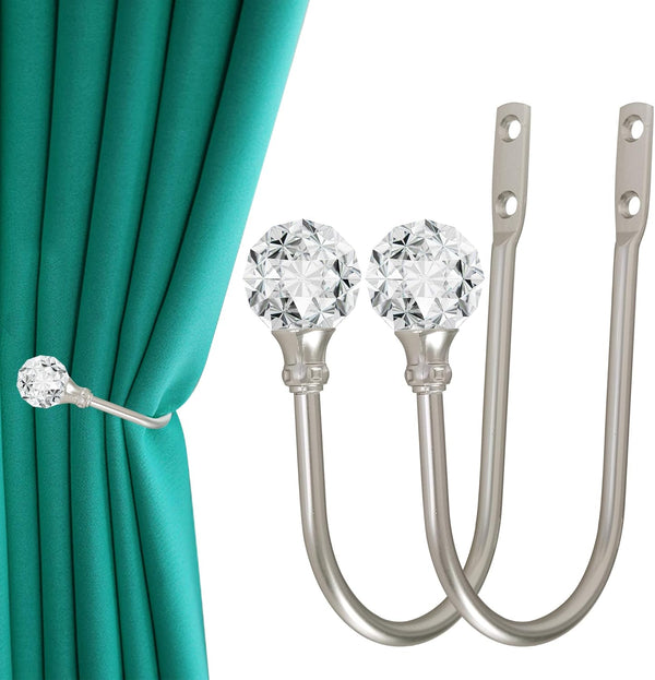 Curtain Holdback, 2pcs Wall Mounted Drapery Tiebacks with Clear Crystal Ball, Heavy Duty Metal Decorative Curtain