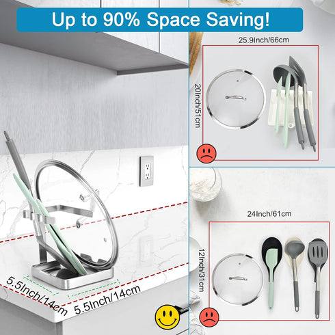 Vertical Spoon Rest and Lid Stand for Stove Top kitchen Utensils Pot Lid Holder and Organizer for Kitchen Counter Foodgrade Stainless Steel with Drip Tray and Handle