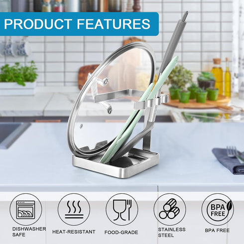 Vertical Spoon Rest and Lid Stand - Foodgrade Stainless Steel Pot Lid Holder with Drip Tray for Kitchen Counter