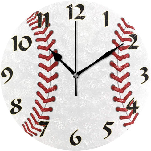 Cute Arabic Numeral Design Baseball Silent Non-Ticking Round Wall Clock, Vintage Design 9.45 Inch