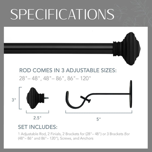 Elrene Home Fashions Florence Single Curtain Rod with Stacked Square Finials, 1" Diameter, Antique Black (28X48)