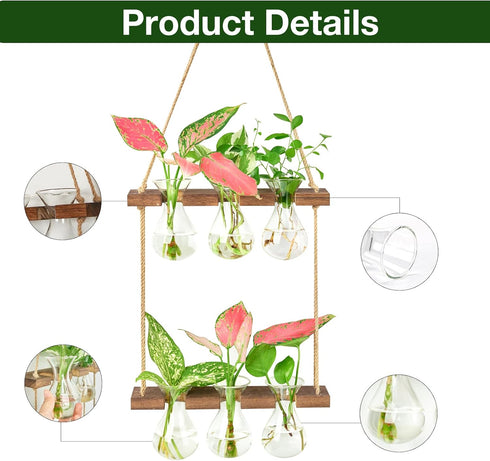 3 Bulb 2 XXXFLOWER Wall Hanging Propagation Station with Wooden Stand Vase Tiers Planters Wall Terrarium for Home