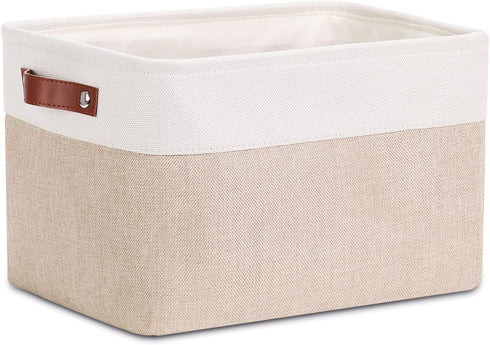 DULLEMELO Collapsible Rectangle Fabric Storage Basket, Organizing Clothes, Toys, Laundry, White & Khaki