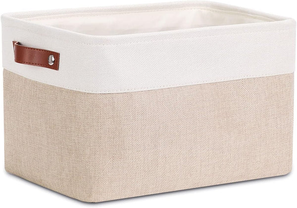 DULLEMELO Collapsible Rectangle Fabric Storage Basket, Organizing Clothes, Toys, Laundry, White & Khaki