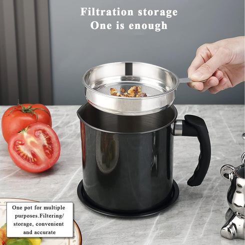 Berglander Black Bacon Grease Container with Strainer, 47oz/1.4L Stainless Steel Oil Storage with Fine Mesh Strainer