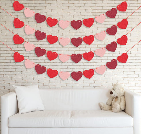 JOZON 4 Pack Felt Heart Valentine’s Day Garland Banner Decorations for Anniversary Wedding Engagement Party (Red, Pink,
