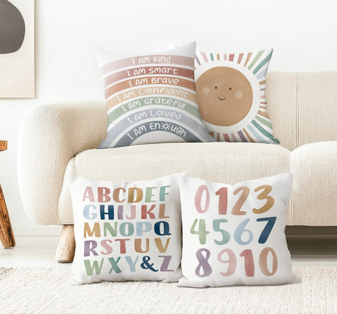 ISANOU Nursery,18x18 Inch Set 4 Kids Playroom Decor,Boho Sun Alphabet Throw Pillow Covers,Kids Reading Nook Decor