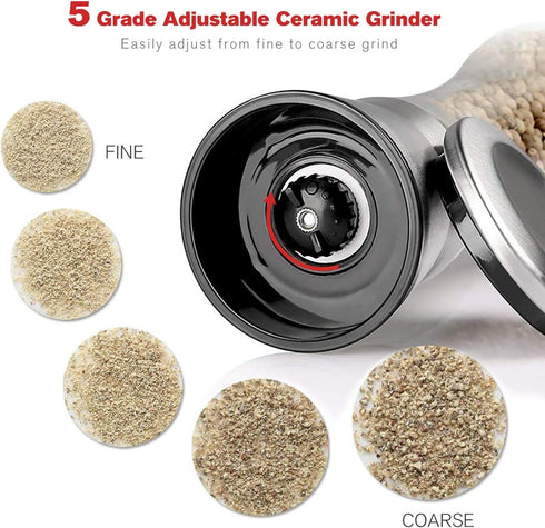 Salt and Pepper Grinder Set of 2 Stainless Steel Manual Spice Grinders with Adjustable 5 Grade Coarseness, Gift Set