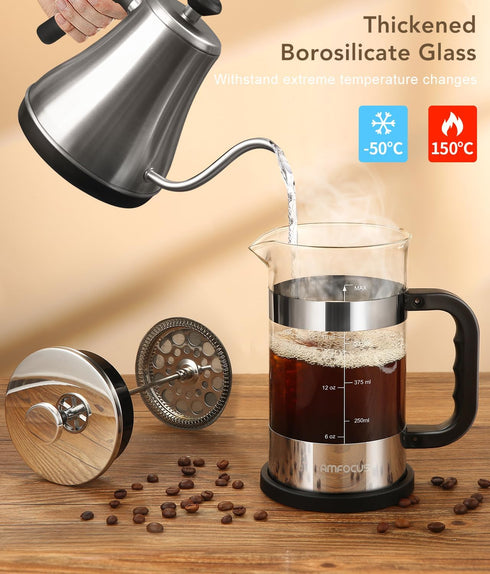 French Press Coffee Maker - 21OZ Classic Glass Coffee Press, Heat-Resistant Borosilicate Glass Coffee Pot