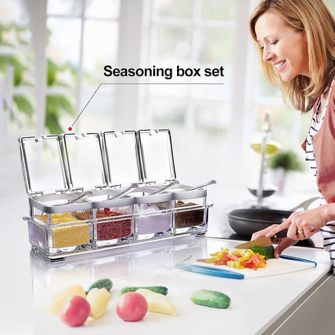 Set, 4 Acrylic Seasoning Box Piece Clear Premium Quality Storage Rack Spice Pots Condiment Jars for Salt Sugar Cruet