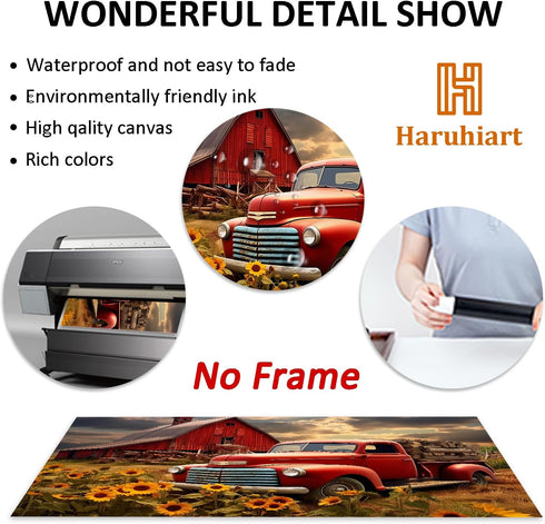 Farmhouse Rustic Pictures, Red Barn Painting Old Truck Poster, Wildflower Landscape Wall Art 16x24in