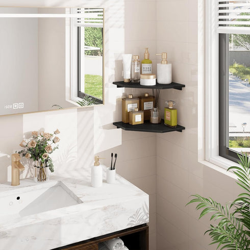 Set 2 Homode Corner Shelf Wall Mount, of Corner Floating Shelves with Wire Hole for TV, Cable Box, Wood Hanging Storage
