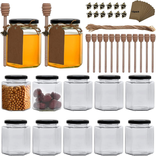 Woaiwo-q 16 oz Hexagon Glass Honey Jars, 12 Pack Hexagon Glass Jars with