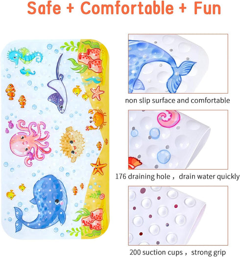 27.5 Inch 15 Inch-Rectangular, Secopad Bath Mat for Tub Non Slip, Machine Washable Anti-Slip Cartoon Baby Bathtub