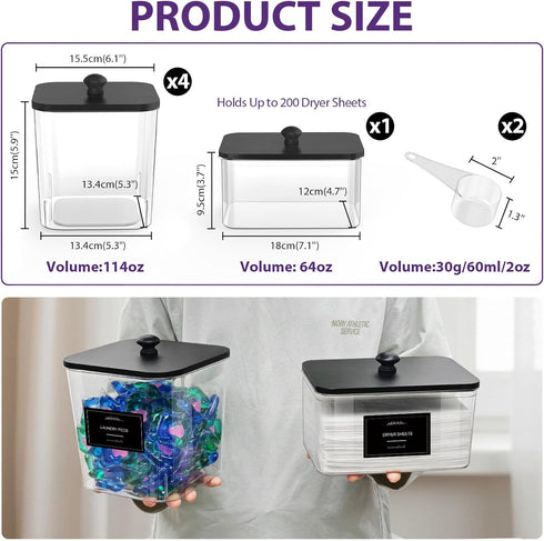 4+1 Pack COAZEX Clear Laundry Pods Container & Dryer Sheet Holder, Plastic Square Laundry Room Organization and Storage