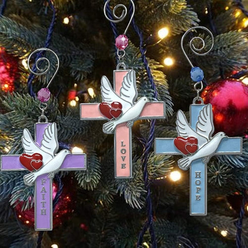 Faith Hope Love Cross Christmas Ornaments, Set of 3 Religious Crosses with Doves, Hearts, Inspirational Xmas Gift