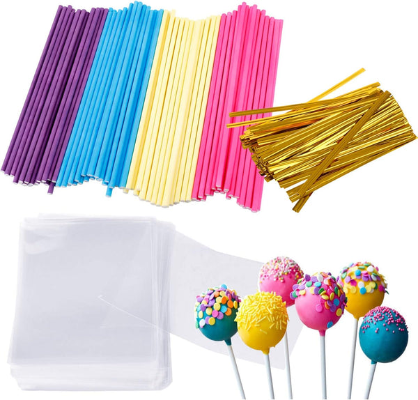 300 Pcs Colorful Cake Pops Making Tools, Larger Lollipop Sticks and Clear Bags - Augshy