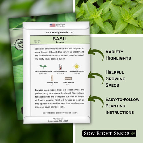 Packet (1) Sow Right Seeds - Lemon Basil Seed for Planting - Non-GMO Heirloom with Instructions to Grow a Kitchen Herb