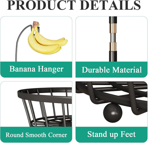 SAYZH 2-Tier Countertop, Fruit Basket Bowl Stackable Vegetable Storage with Banana Tree Hanger Stand for Kitchen Metal
