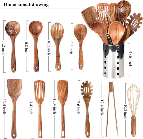 Kitchen Utensils Set with Holder, Wooden Cooking Utensils, Natural Teak Wood Spoons, Set with Spatula and Ladle (11)