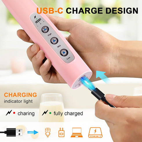 YUSWKO Pink Handheld Milk Frother Wand with Stand for Coffee, Rechargeable Electric Whisk with 3 Heads 3 Speeds Drink Mixer Coffee Frother For Latte, Cappuccino, Hot Chocolate, Egg by YUSWKO